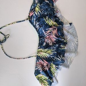 Raisins Navy Palm Off The Shoulder Bandeau Flounce Swim Top